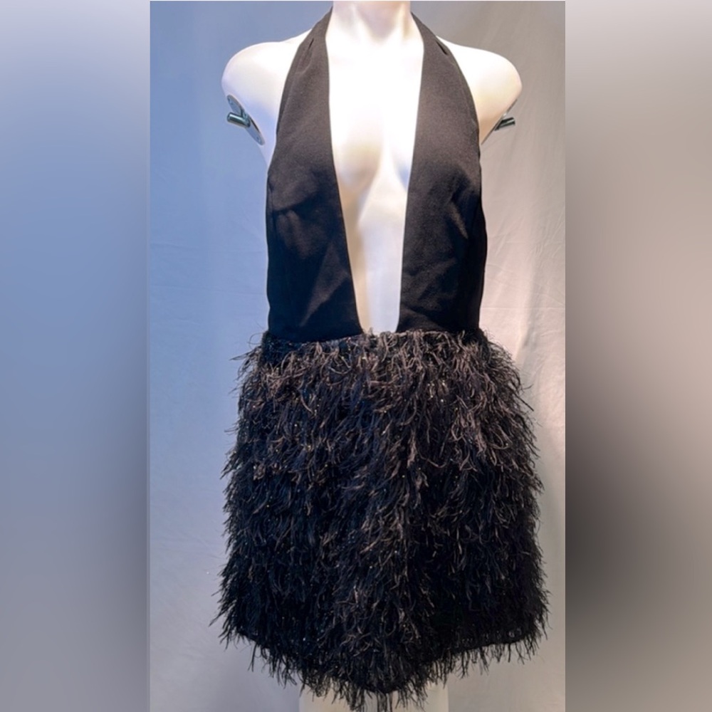SZ 14 Black Halter Feather Dress - Picture 2 of 12